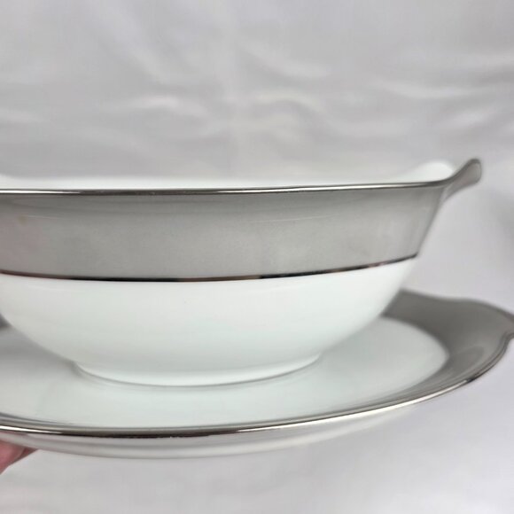 Sango Plantina Gravy Boat with Underplate Gray Band Platinum Trim - Picture 4 of 16